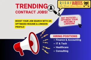 A bold digital banner for "Trending Contract Jobs," featuring a megaphone, job categories, and a call-to-action for resume and LinkedIn optimization.