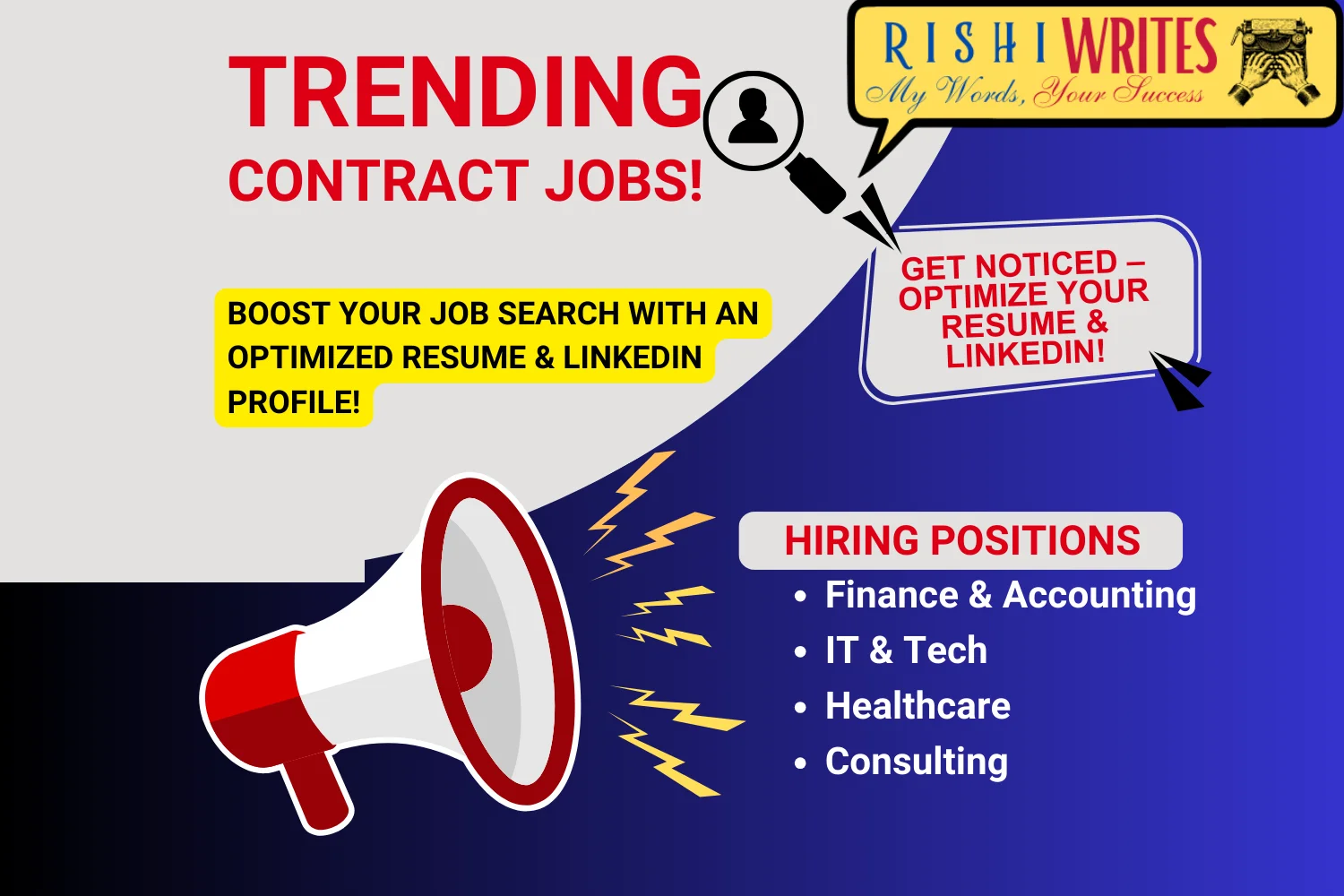 A bold digital banner for "Trending Contract Jobs," featuring a megaphone, job categories, and a call-to-action for resume and LinkedIn optimization.