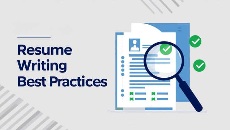Illustration of a resume document under a magnifying glass with checkmarks, symbolizing resume best practices and ATS optimization.