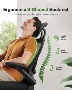 Reclining ergonomic chair with head, back, and lumbar support.