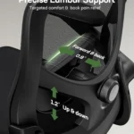 Close-up of adjustable lumbar support on Marsail ergonomic chair with 1.2 inch vertical and 0.8 inch depth control.