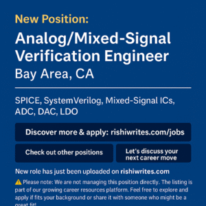 Digital job listing banner for Analog/Mixed-Signal Verification Engineer in Bay Area, CA with key skills, apply link, and action buttons.