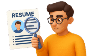 A puzzled job seeker sitting at a desk, holding a magnifying glass over a floating resume with icons like a question mark, graph and checklist in a modern 3D illustration.