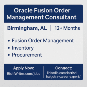 Image banner showing job title “Oracle Fusion Order Management Consultant,” Birmingham AL location, and key Oracle Fusion Cloud skills, with apply and connect buttons