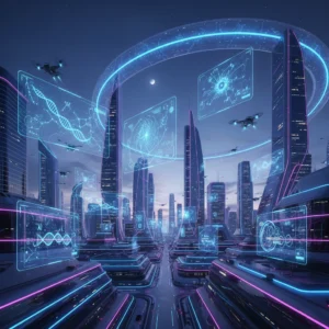 Futuristic Technology Cityscape – AI & Innovation Concept