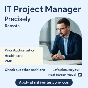 Focused male professional in business attire working remotely on a laptop for a Precisely IT Project Manager role in Prior Authorization and Healthcare.

