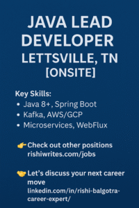 Professional job advertisement for a Java Lead Developer role in Lettsville, TN showcasing key skills like Java 8+, Spring Boot, Kafka, and AWS with application and networking call-to-actions.

