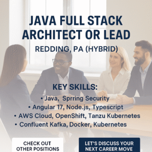 Java Full Stack Architect or Lead Hybrid Job in Redding PA with Java, Spring, Angular, AWS, and Kafka