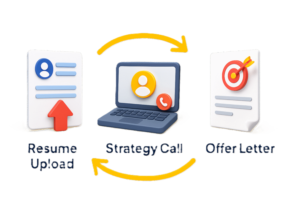3D flow chart showing resume upload, virtual strategy call and job offer letter steps.