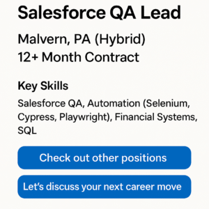 Salesforce QA Lead Job in Malvern, PA – Hybrid Opportunity