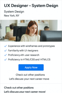 Focused female UX designer working on wireframes at a modern office desk in New York City for a hybrid job at System Design.

