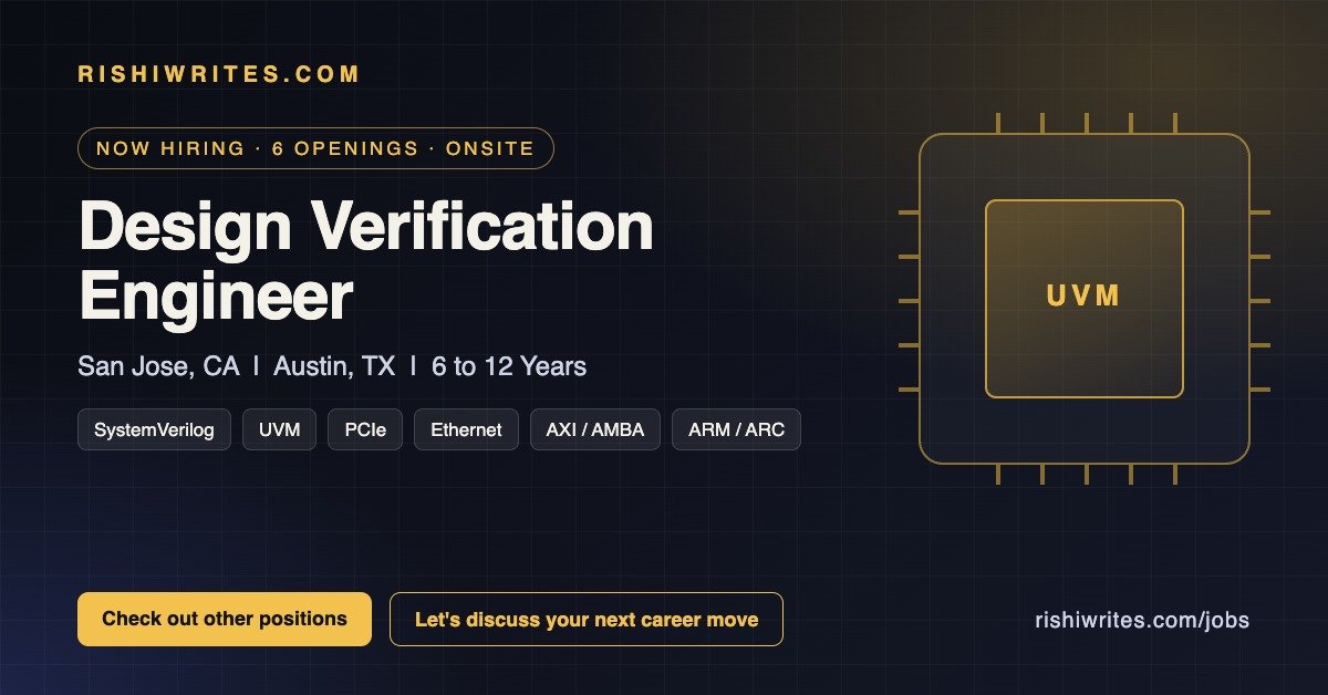 Design Verification Engineer job opening banner for onsite roles in San Jose, CA and Austin, TX featuring SystemVerilog, UVM, PCIe and Ethernet skills