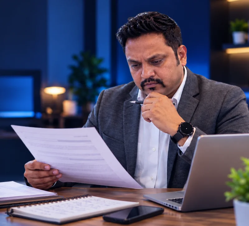 Rishi Balgotra at his desk, reviewing a resume with a pen in hand